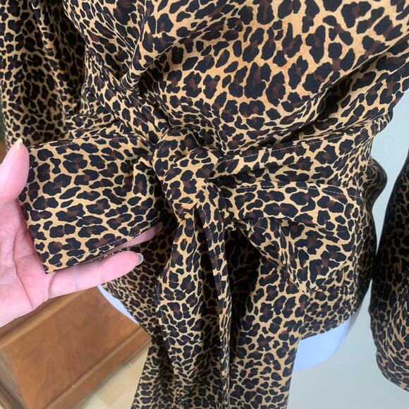 J. Crew Size S Peplum Sara Leopard Print Wrap Top Blouse Black Tan Long Sleeve - Picture 7 of 15